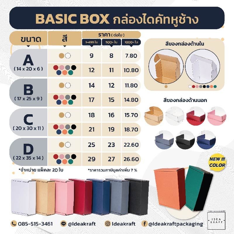 ขนาด สี ราคา กล่องไดคัทหูช้าง The Basic Box 7 สี 6 ไซซ์